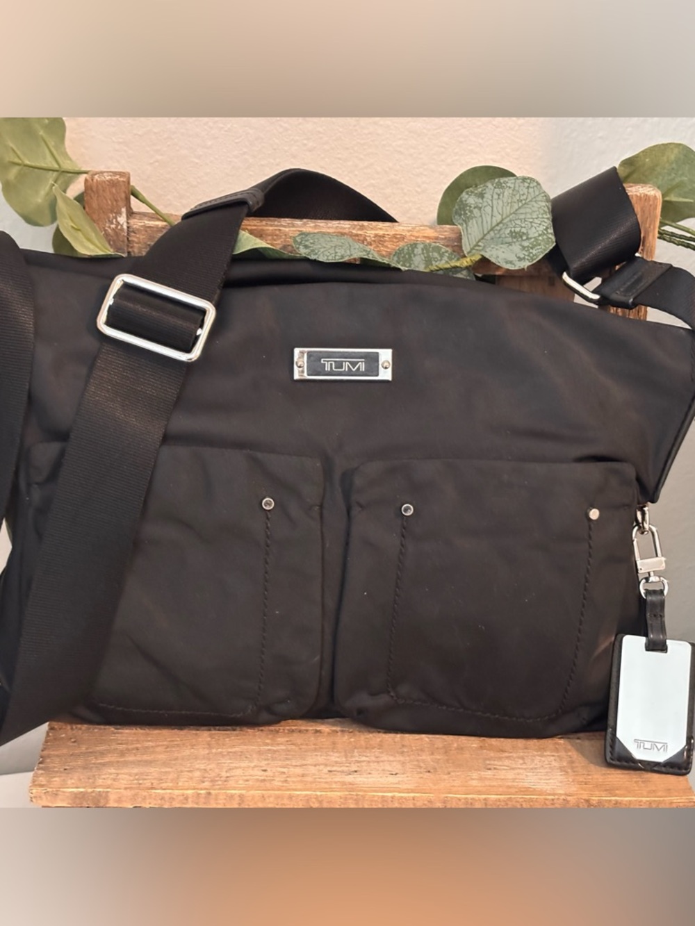 Tumi Black Nylon Messenger Bag with Silver Hardware